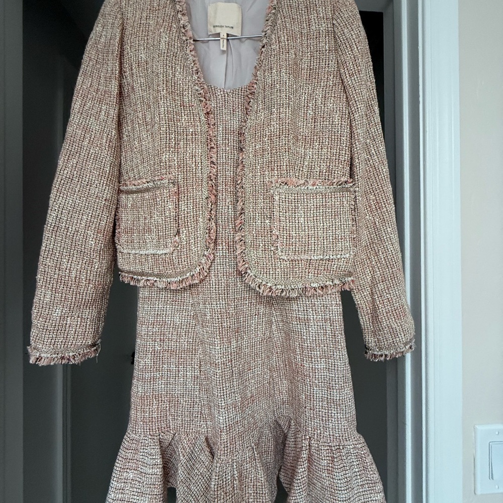 Rebecca Taylor Cream and Pink Tweed Blazer and Skirt Set